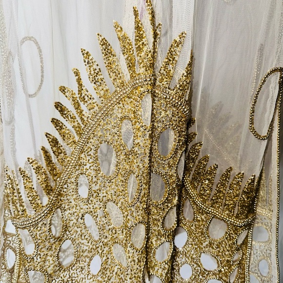 NWT Breathtaking Vtg Krishma Handmade Ivory & Gold Beads Embellished Net Duster - Picture 6 of 16